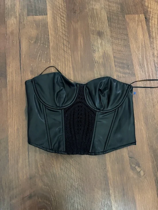 Zara Black Faux Leather Crochet Bustier - Picture 2 of 5